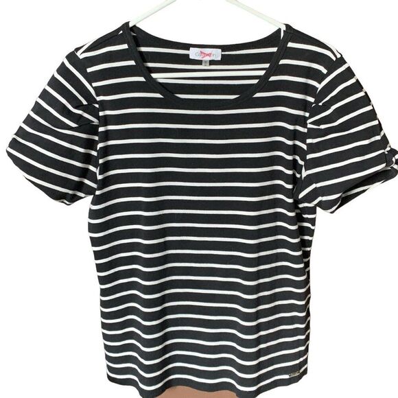 Calvin Klein Woman M Black White Stripe Puff Business Casual Comfy Classic - Picture 1 of 9